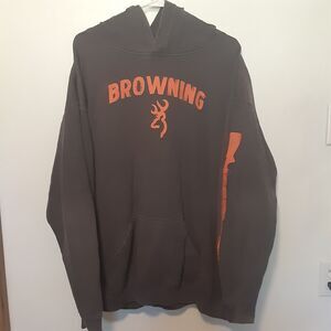 Browning Hoodie Mens XL Gray Orange Spellout Buck Logo Hunting Outdoors